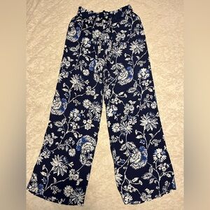 Navy blue floral linen pants